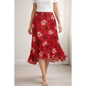 PENDLETON Women’s Red Floral Midi Skirt Size 18 Plus Size Flounce Hem Flowy